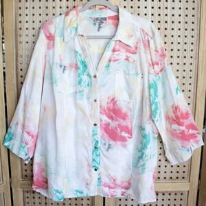 JM Collection Woman Floral Linen Button Up Shirt Top Womens Plus SIZE 20W